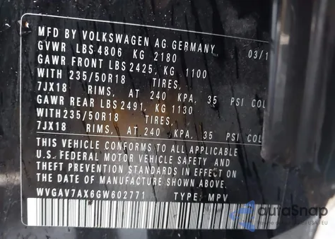 2016 Volkswagen Tiguan Se z USA, uszkodzony, nr VIN WVGAV7AX6GW602771